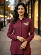 Wine Crinkled Slub Co-Ord Set with Butterfly Bead Motif