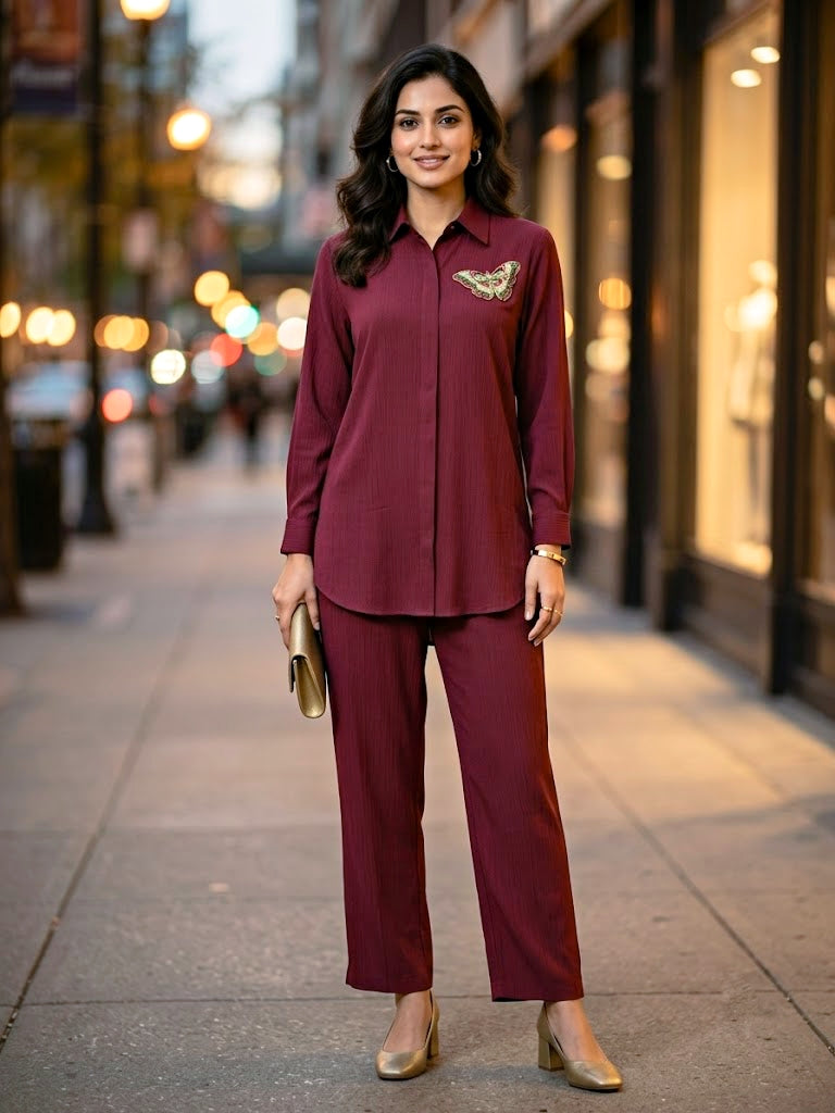 Wine Crinkled Slub Co-Ord Set with Butterfly Bead Motif