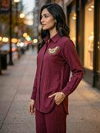 Wine Crinkled Slub Co-Ord Set with Butterfly Bead Motif