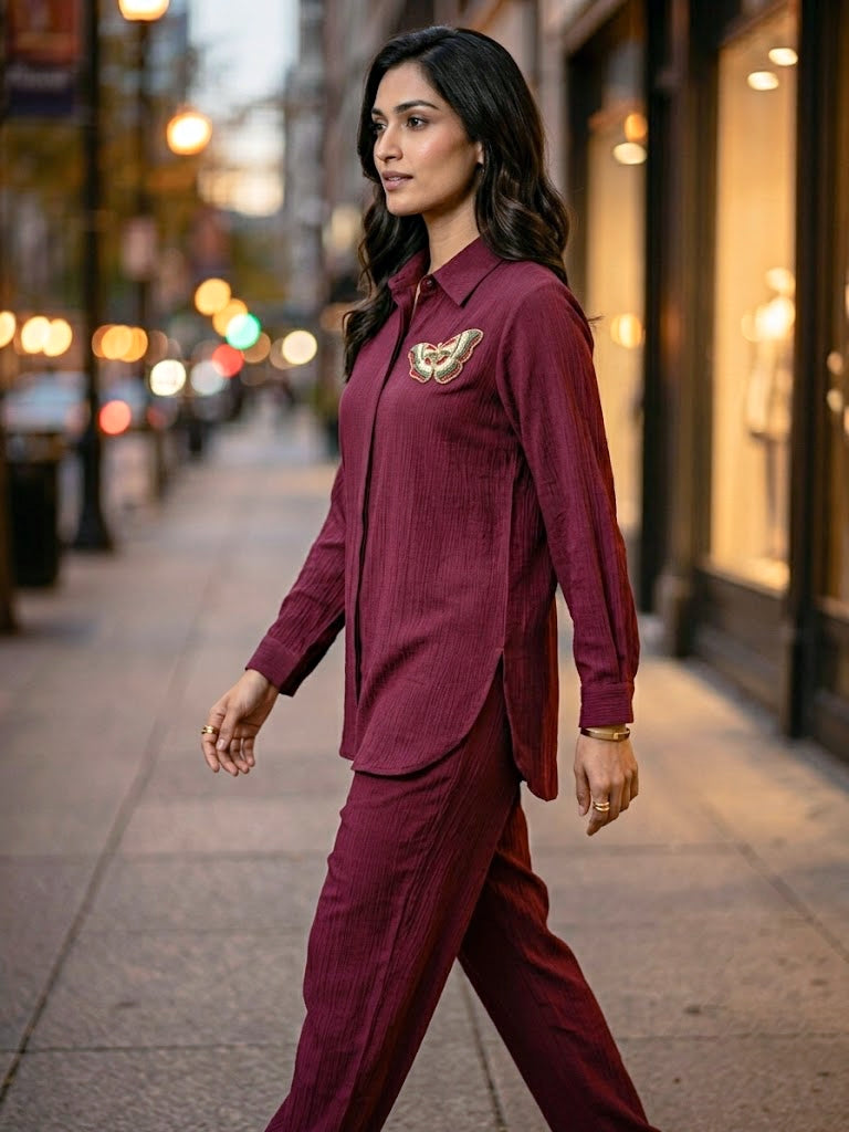 Wine Crinkled Slub Co-Ord Set with Butterfly Bead Motif