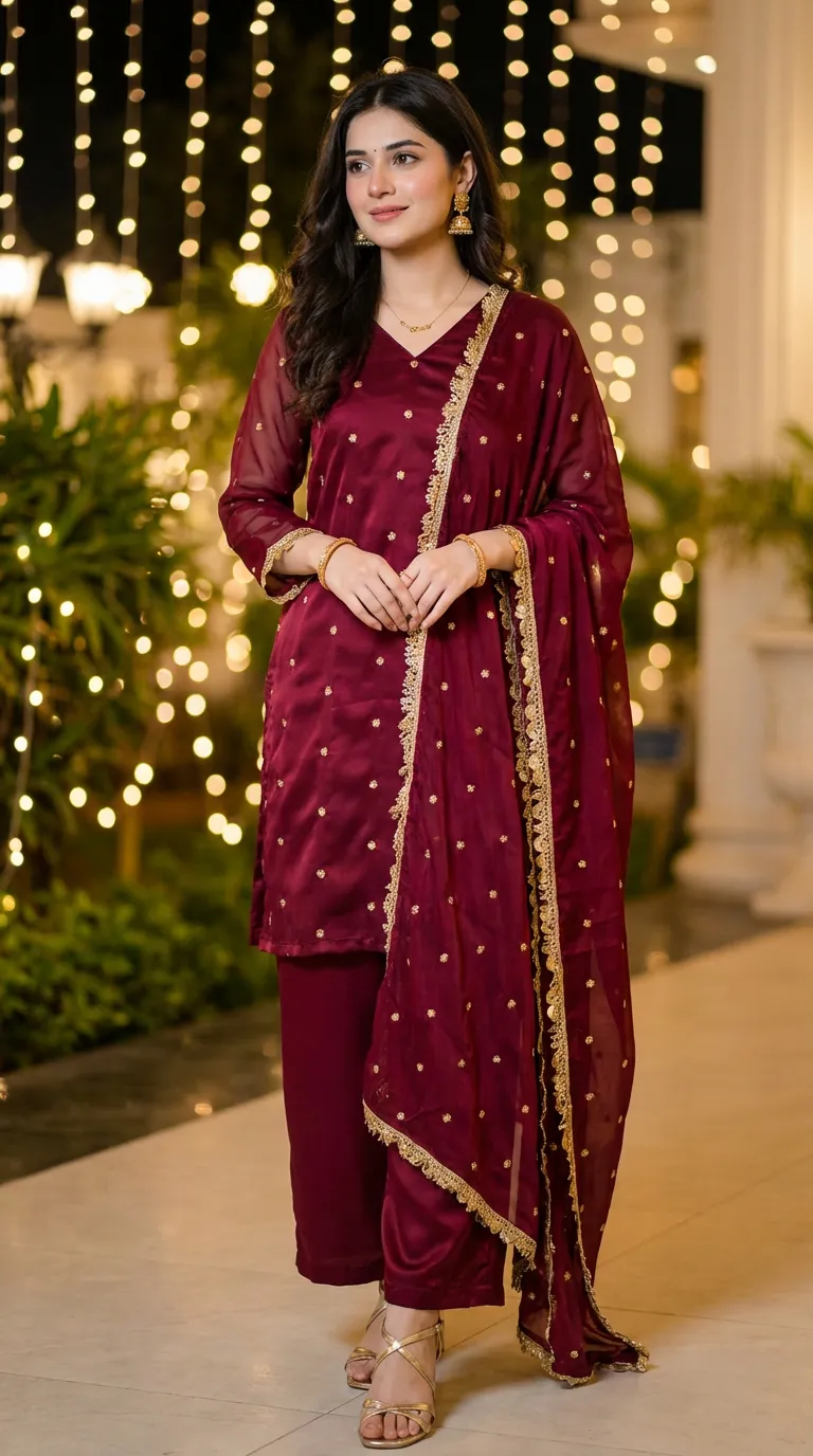 Woman in a maroon kurta palazzo set with gold embroidery and lace, festive setting, Karchobi
