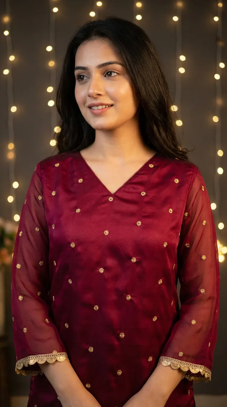 Woman wearing maroon gold-buti kurta with net sleeves and lace, Karchobi fashion