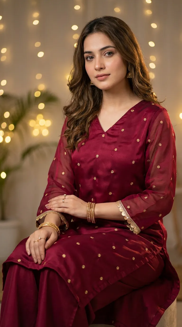 Woman wearing maroon gold buti kurta palazzo set with jhalar lace, festive backdrop, Karchobi