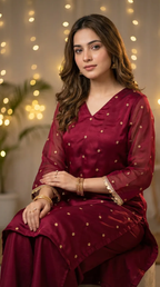 Woman wearing maroon gold buti kurta palazzo set with jhalar lace, festive backdrop, Karchobi