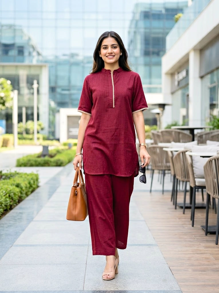 Wine Modal Slub Co-Ord Set with Jute Lace Detail