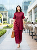 Wine Modal Slub Co-Ord Set with Jute Lace Detail