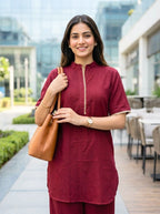 Wine Modal Slub Co-Ord Set with Jute Lace Detail