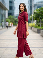 Wine Modal Slub Co-Ord Set with Jute Lace Detail