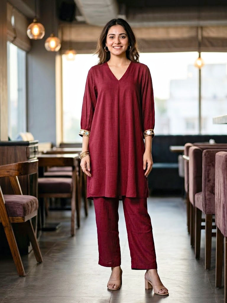 Wine Modal Slub Co-ord Set with Mirror Lace Cuffs