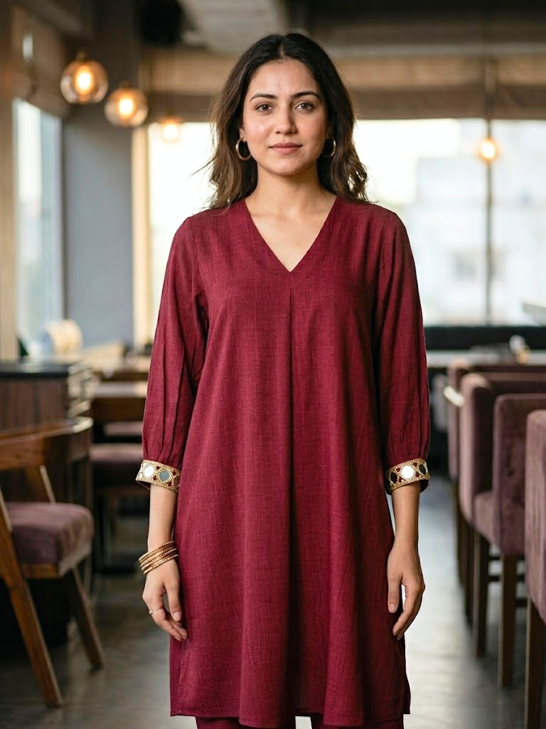 Wine Modal Slub Co-ord Set with Mirror Lace Cuffs