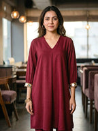 Wine Modal Slub Co-ord Set with Mirror Lace Cuffs