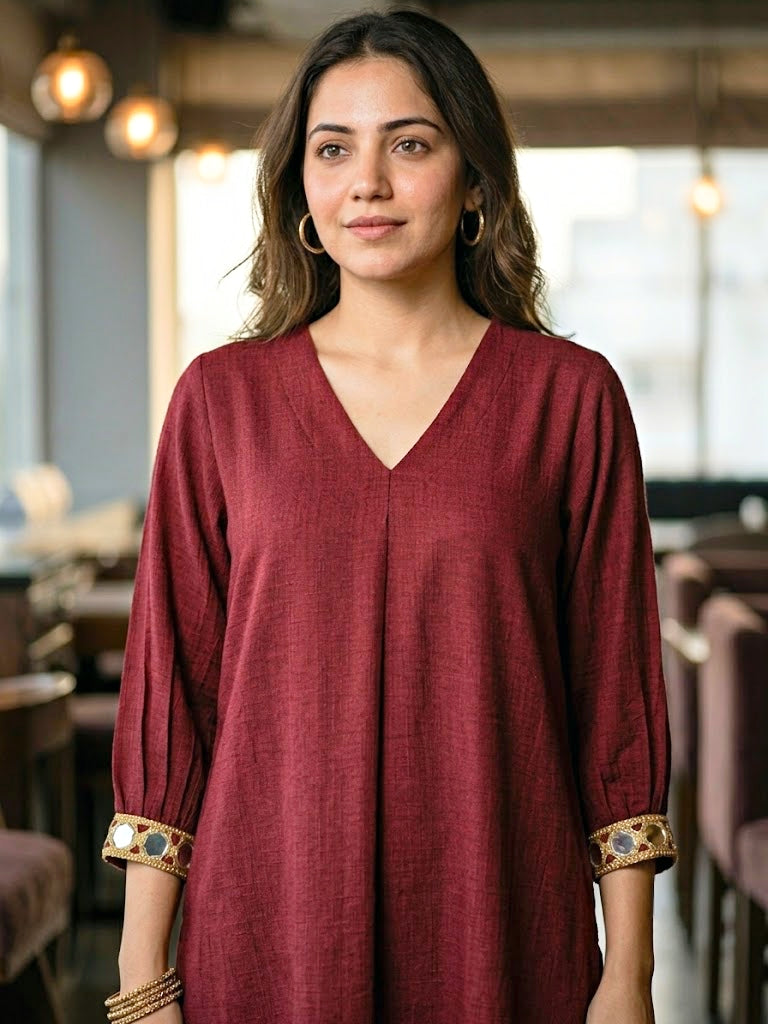 Wine Modal Slub Co-ord Set with Mirror Lace Cuffs