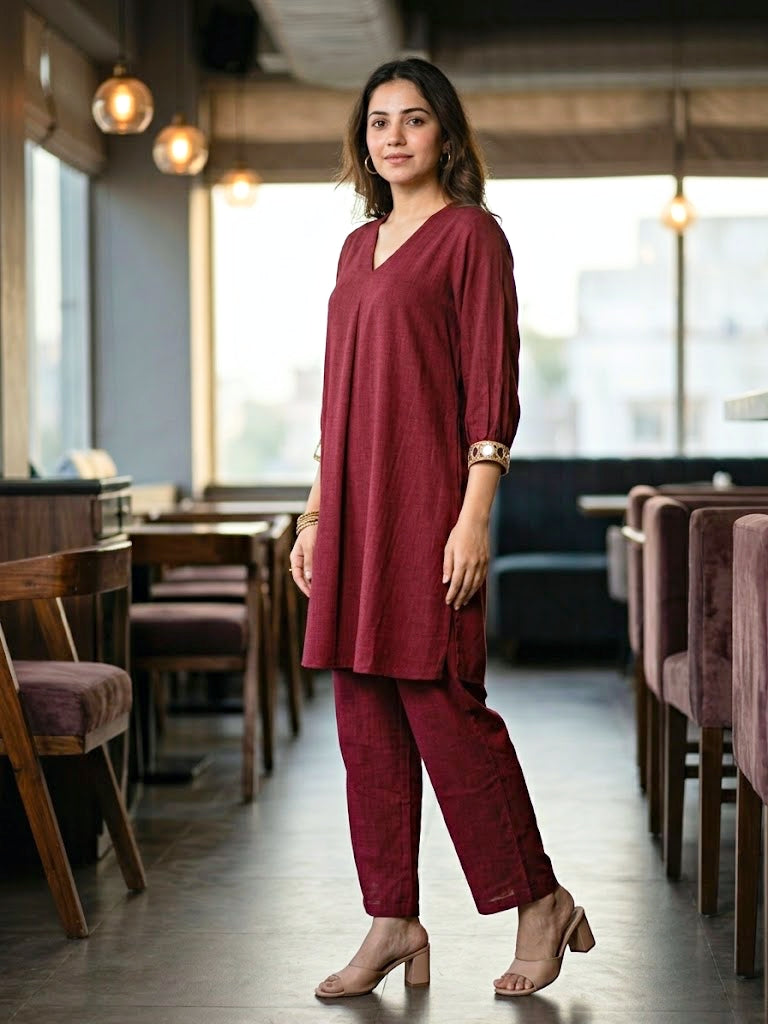 Wine Modal Slub Co-ord Set with Mirror Lace Cuffs