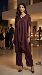 Woman wearing a wine shimmer cowl-cut co-ord set at an elegant evening event, Karchobi fashion