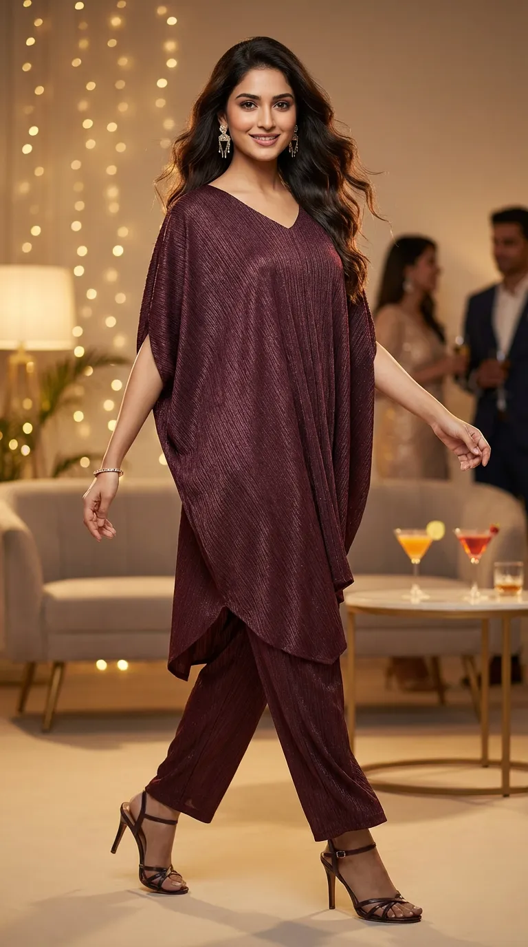 Woman modeling Karchobi wine shimmer cowl cut co-ord set, festive party background