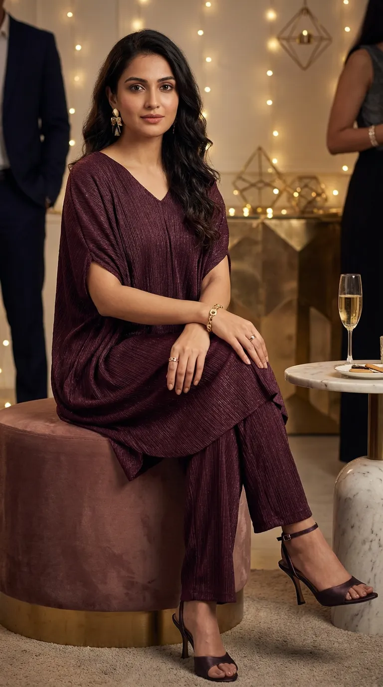 Woman in a wine shimmer cowl cut co-ord set from Karchobi, seated at a chic party setting