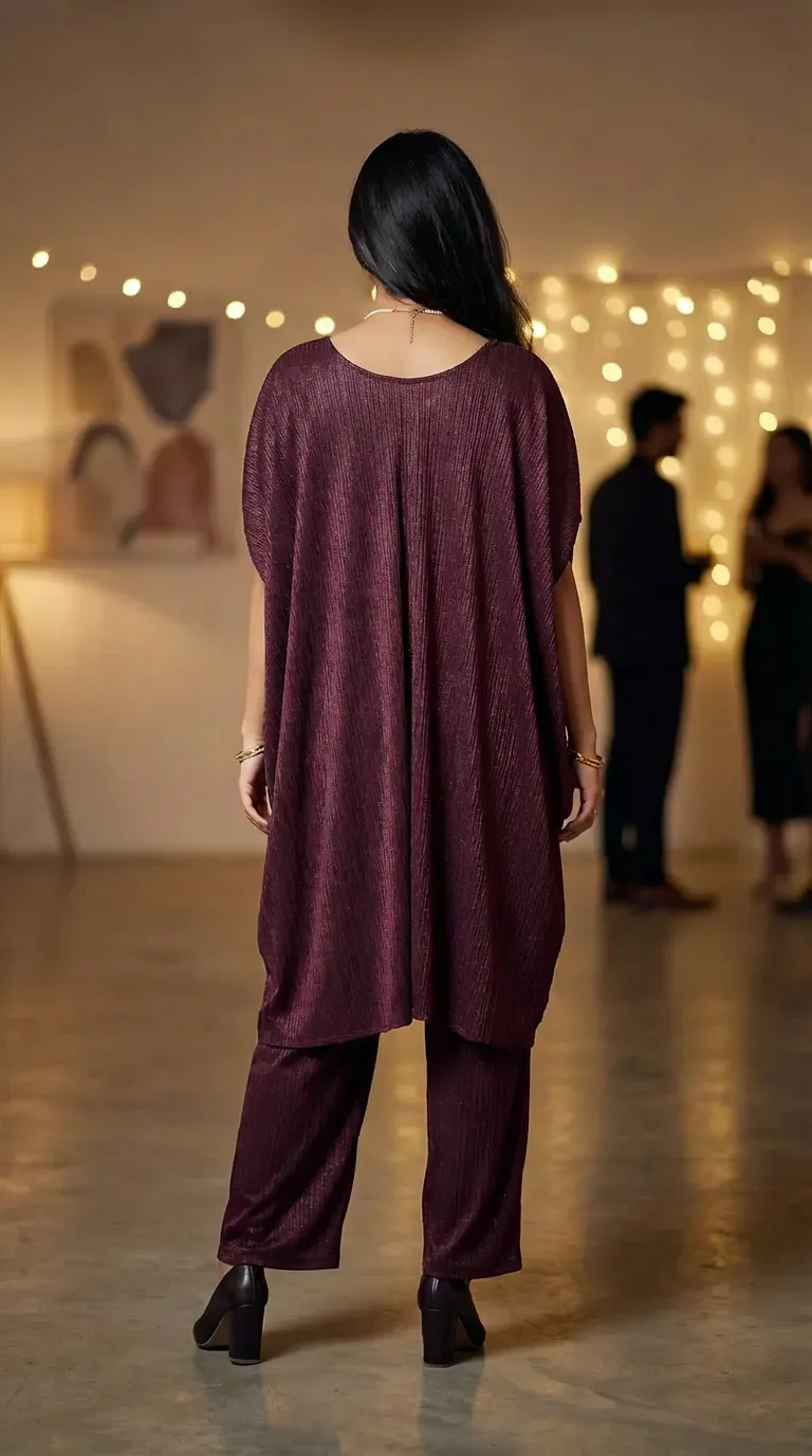 Woman wearing a wine shimmer cowl cut co-ord set by Karchobi, party setting
