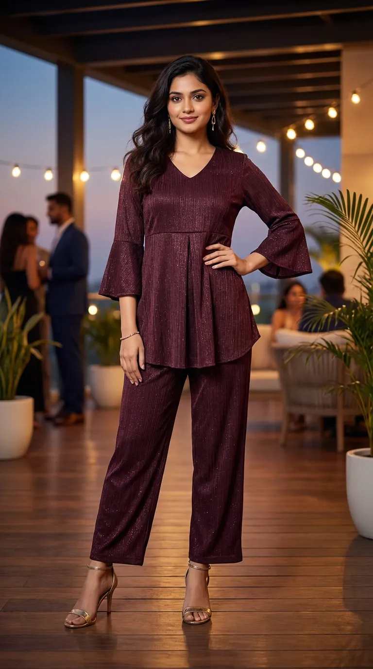 Woman in wine shimmer peplum box-pleat co-ord set from Karchobi at an evening event