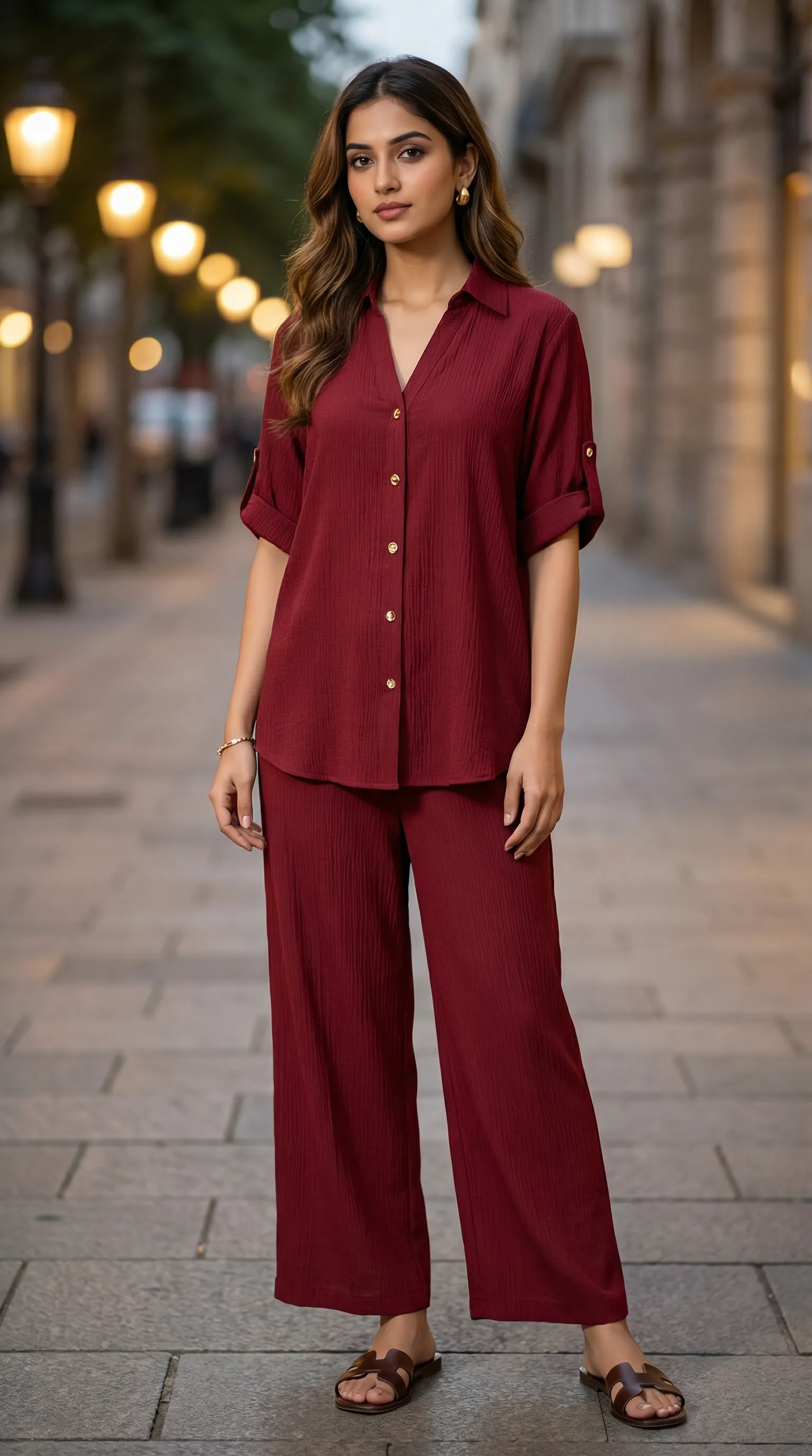 Woman wearing wine textured co-ord set from Karchobi, stylish street fashion outfit