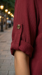 Close-up of textured wine red co-ord set sleeve with button, Karchobi women's fashion