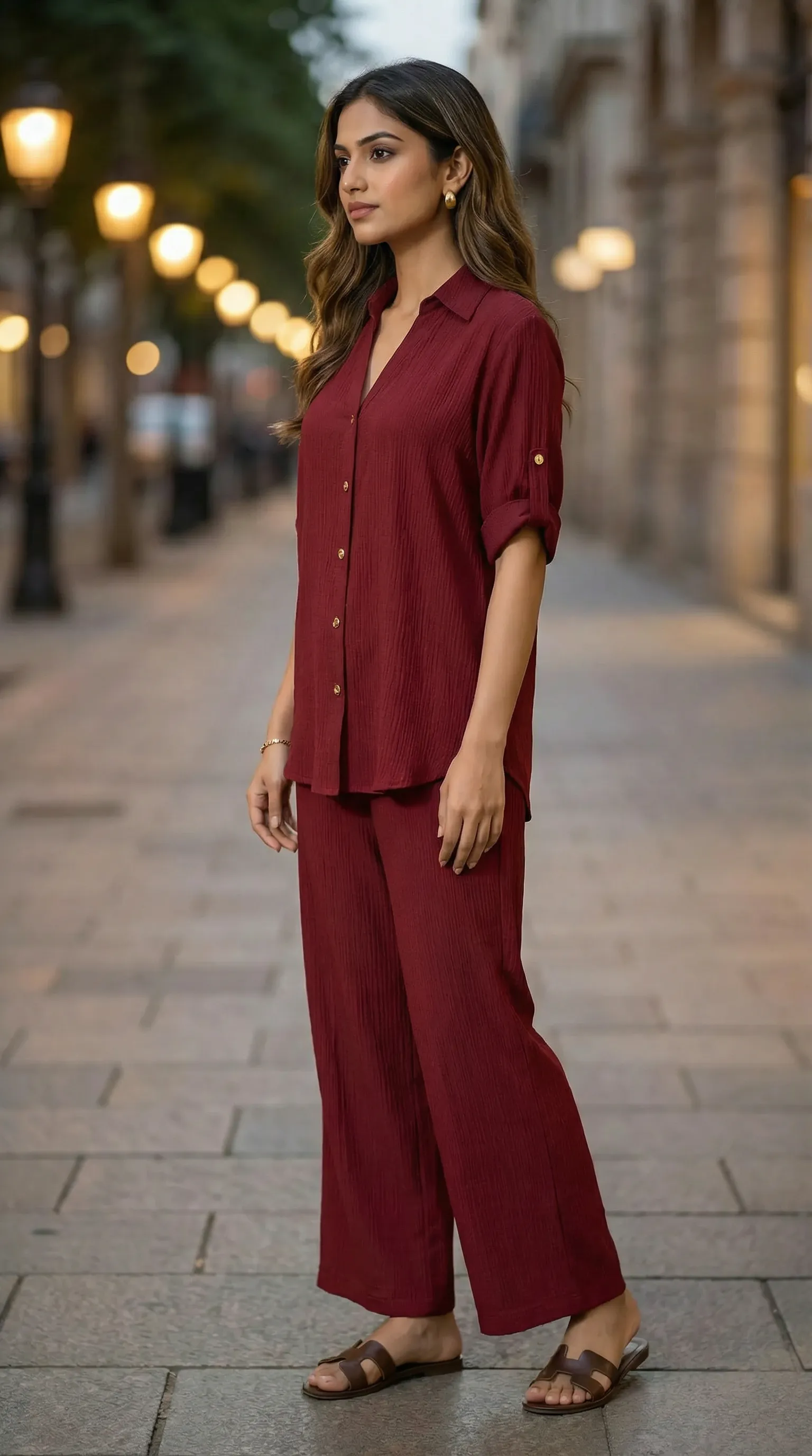 Woman in a wine textured co-ord set from Karchobi, standing on a city street at dusk.