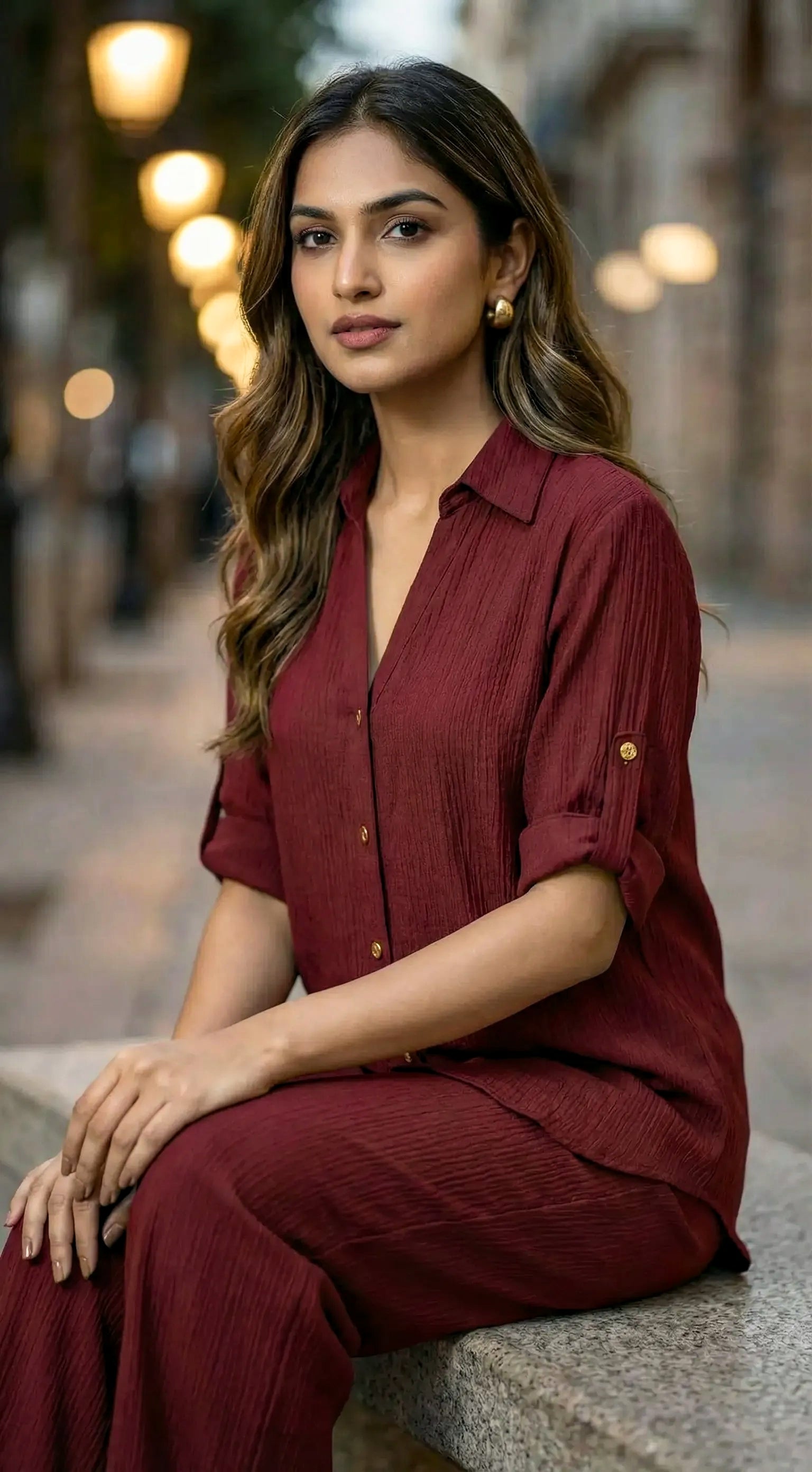 Woman wearing Karchobi wine textured co-ord set sitting outdoors, chic women's fashion