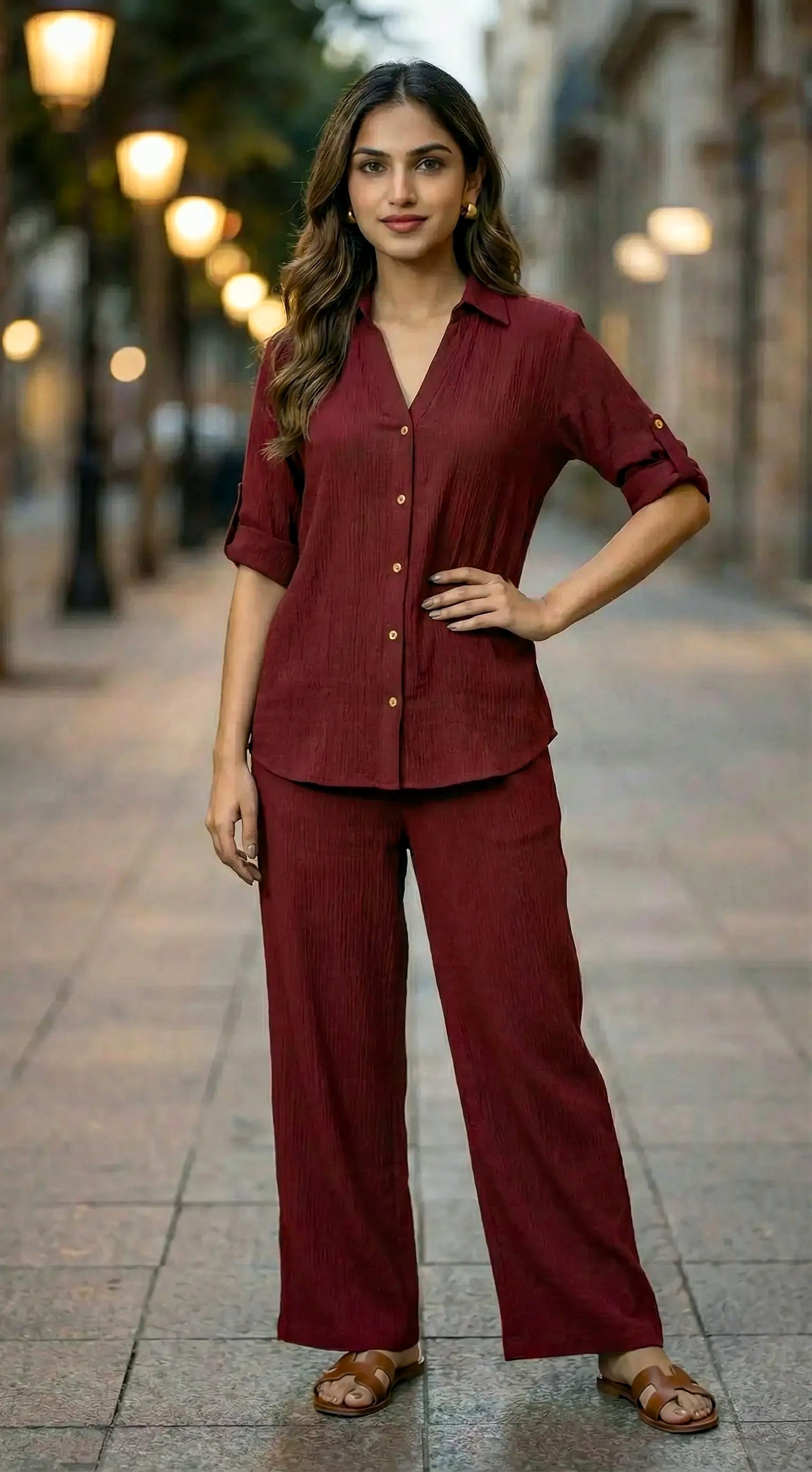 Woman in wine textured co-ord set from Karchobi, standing outdoors, showcasing chic women's fashion