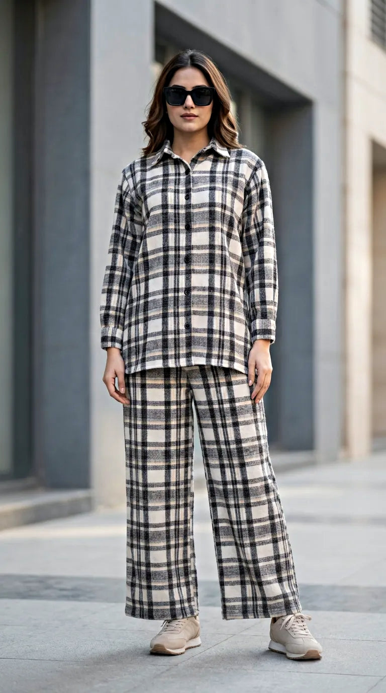 Woman wearing Karchobi woollen plaid black beige grey check winter co-ord set outdoors