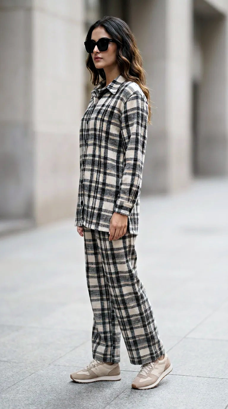 Woman wearing Karchobi woollen plaid black, beige, and grey checked winter co-ord set
