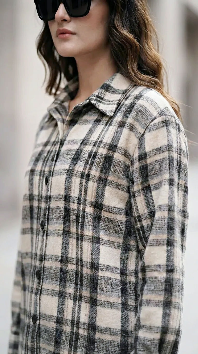 Woman wearing a black, beige, and grey woollen plaid winter co-ord shirt from Karchobi