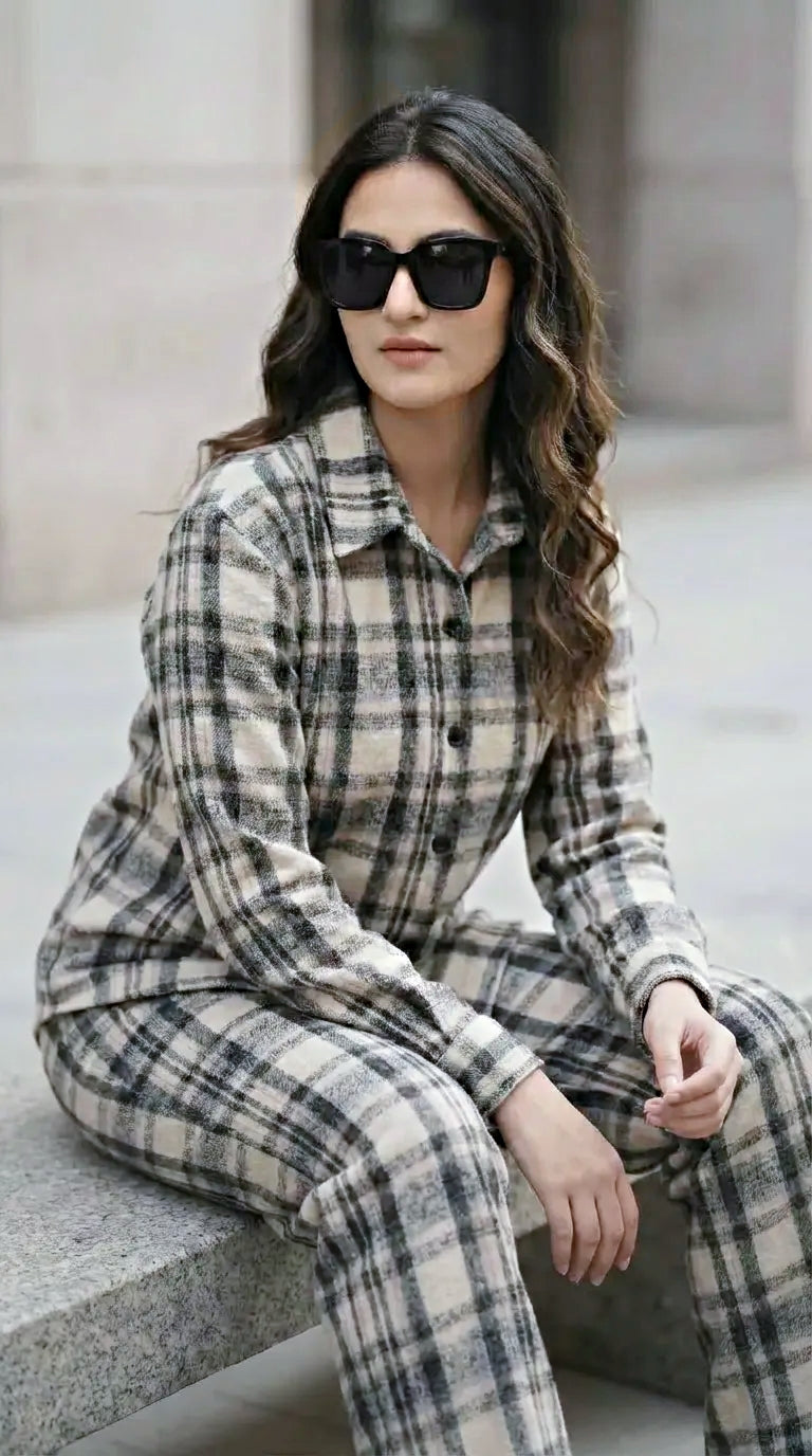 Woman in wool plaid black, beige, grey checks winter co-ord set sitting outdoors, Karchobi fashion