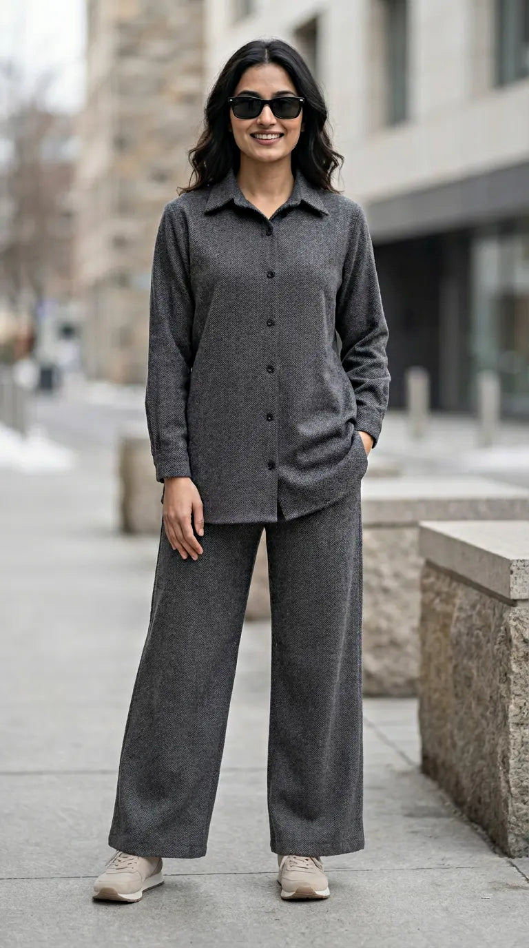 Woman in charcoal grey wool herringbone co-ord set, Karchobi winter women's fashion.