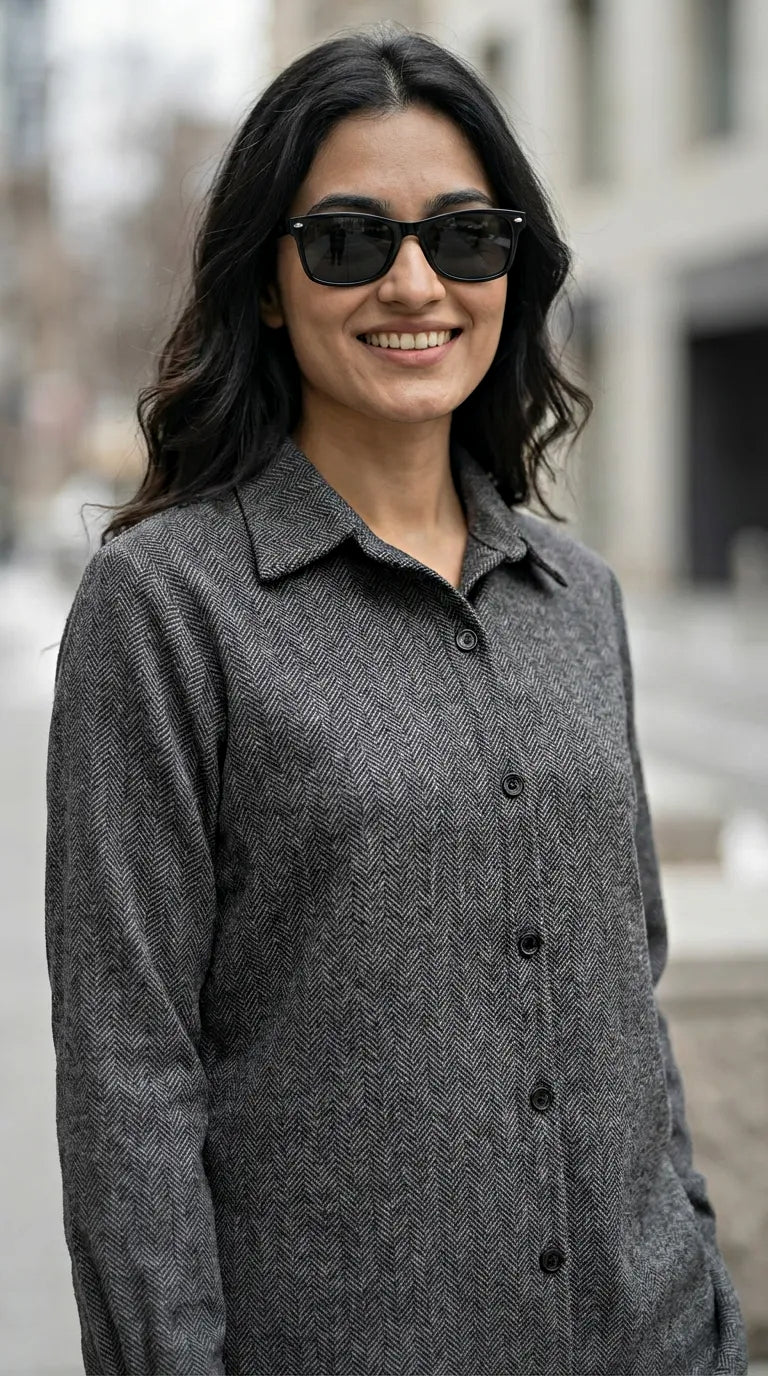 Woman in charcoal grey woollen herringbone co-ord set by Karchobi, smiling outdoors