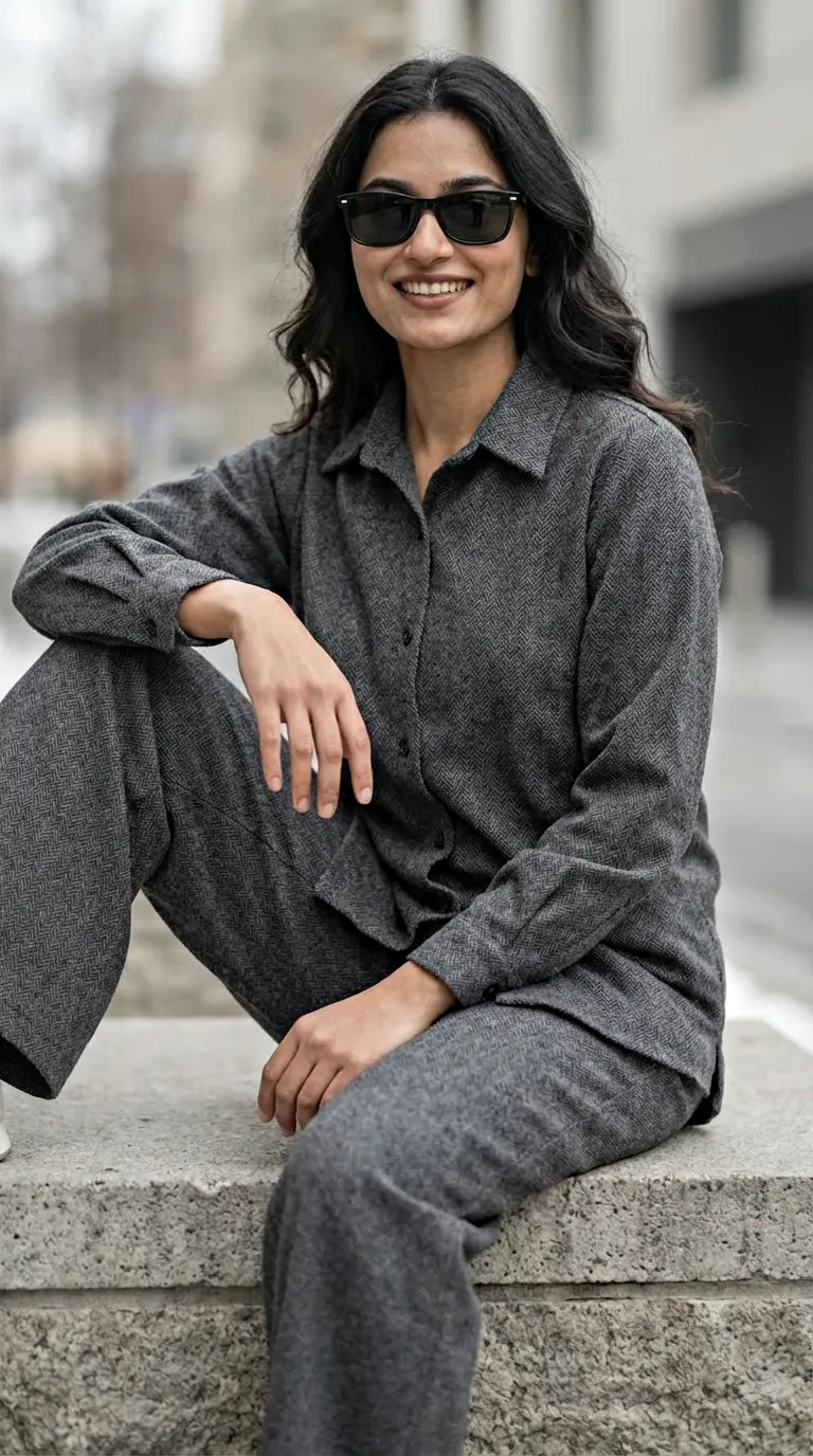 Woman in charcoal grey wool herringbone co-ord set from Karchobi, sitting outdoors