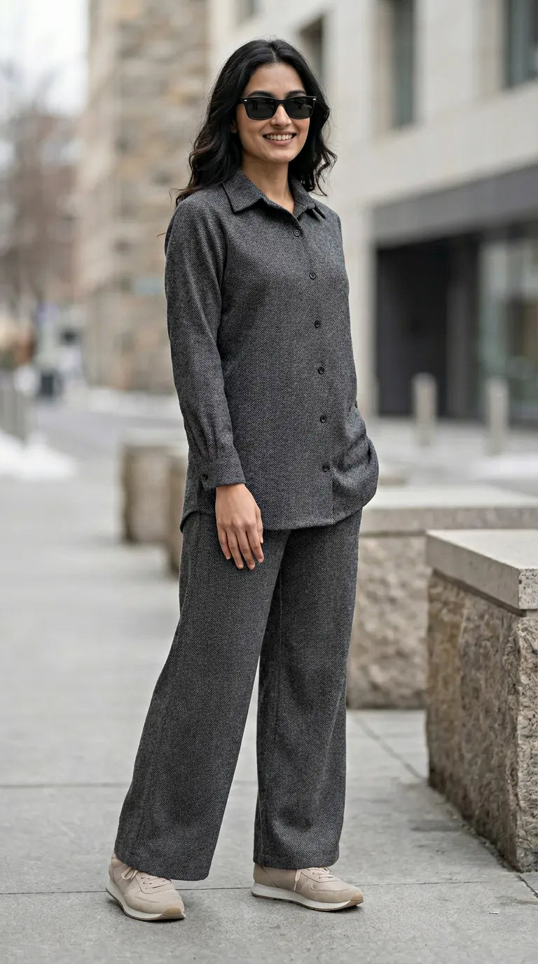 Woman wearing Karchobi charcoal grey woollen herringbone co-ord set, standing outdoors