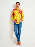 Yellow floral crepe shirt by KARCHOBI featuring a vibrant floral print, ideal for casual and work wear.
