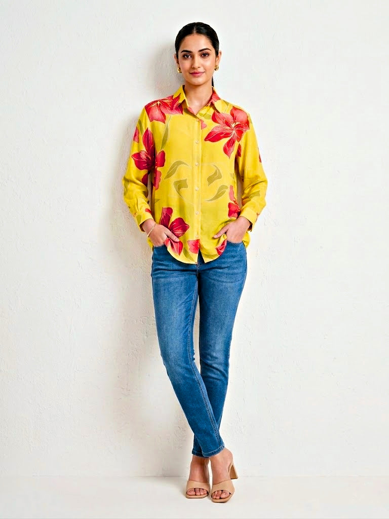 Yellow floral crepe shirt by KARCHOBI featuring a vibrant floral print, ideal for casual and work wear.