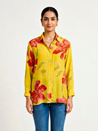Yellow floral crepe shirt by KARCHOBI featuring a casual, stylish design with vibrant floral print for work or casual wear.