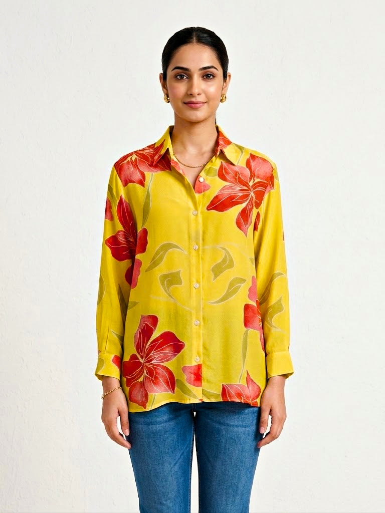 Yellow floral crepe shirt by KARCHOBI featuring a casual, stylish design with vibrant floral print for work or casual wear.