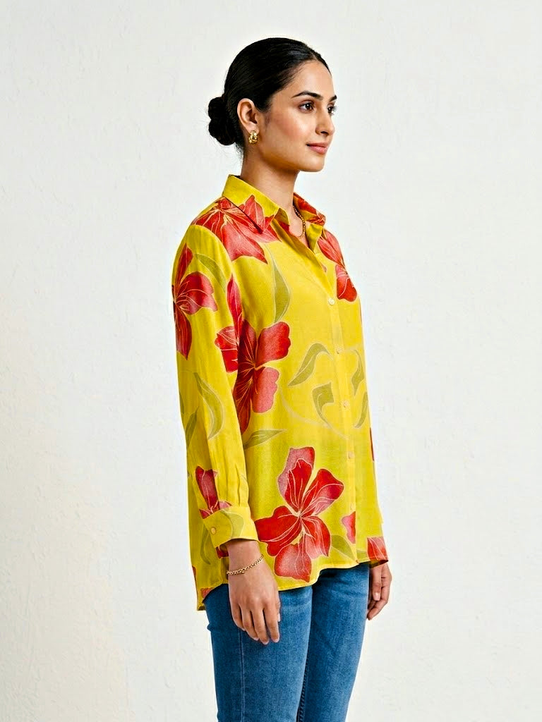 Yellow floral crepe shirt by KARCHOBI featuring a stylish floral print, suitable for casual and work wear.