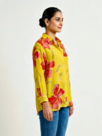 Yellow floral crepe shirt by KARCHOBI featuring a stylish floral print, suitable for casual and work wear.