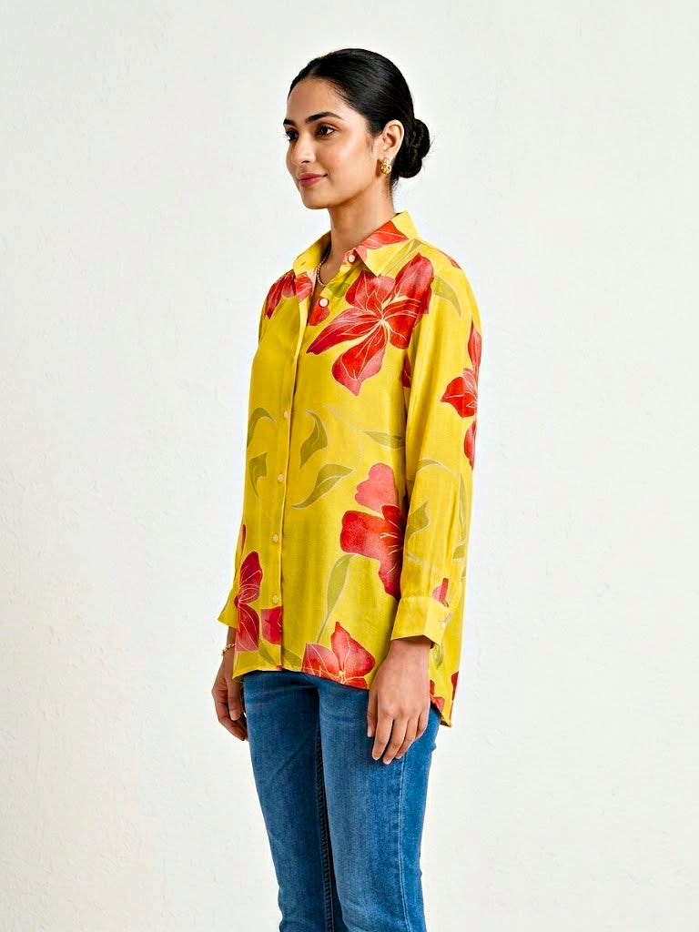 Yellow floral crepe shirt by KARCHOBI featuring a vibrant floral print, suitable for work or casual wear.