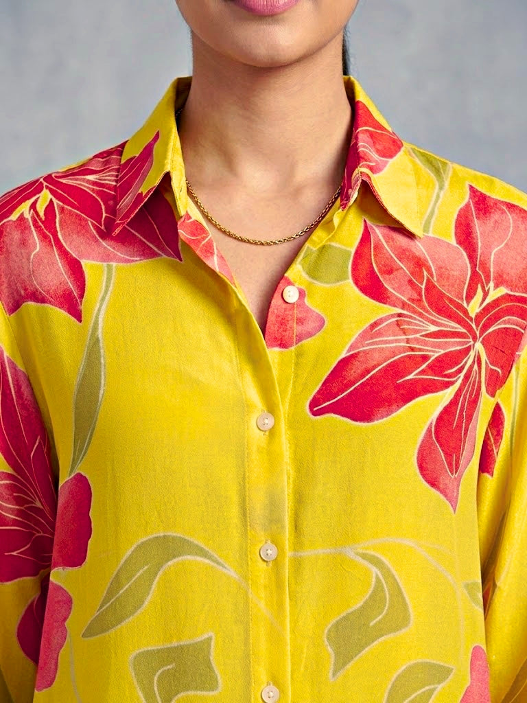 Yellow floral crepe shirt by KARCHOBI featuring a casual workwear design with vibrant floral print and comfortable fabric.