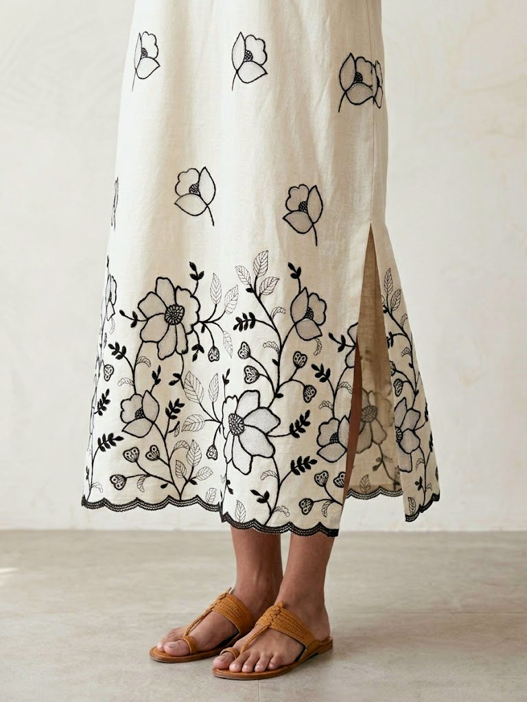 Off-white and black kurta dress by Karchobi with floral embroidered motifs and appliqué detailing, full-length traditional Indian attire