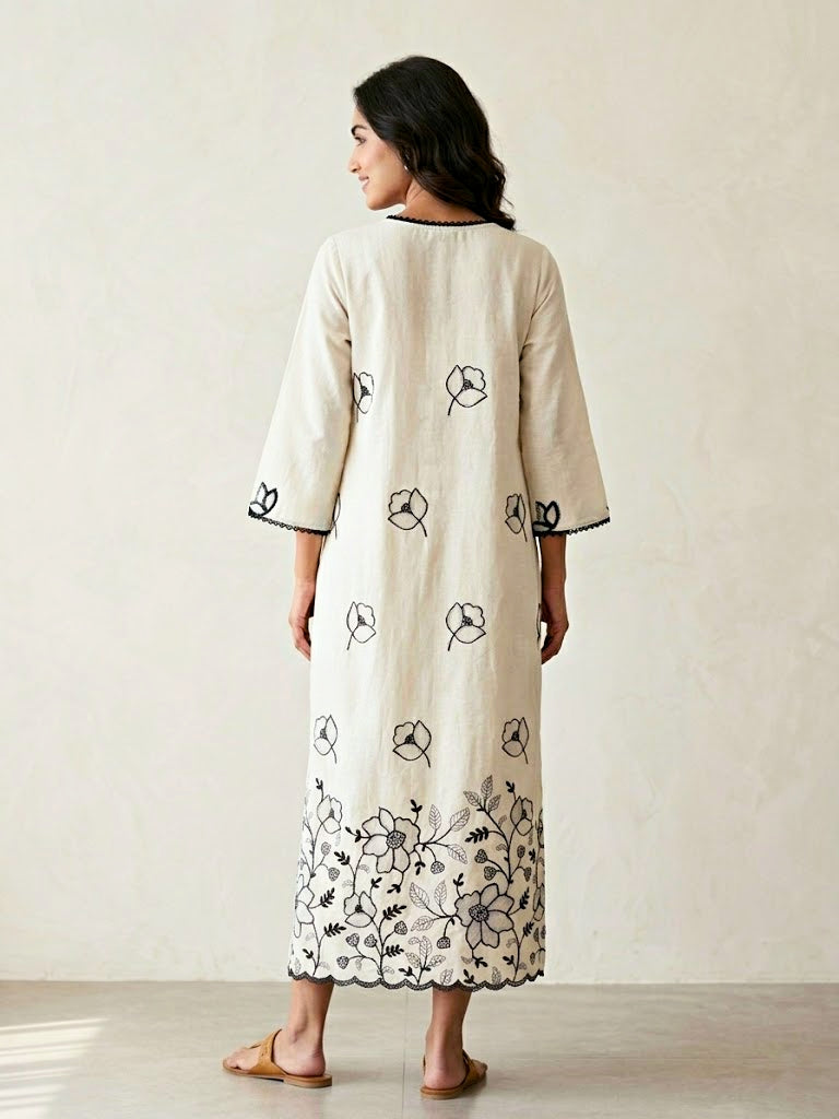 Off-white and black long kurta dress by Karchobi with floral embroidered motifs and appliqué detailing.