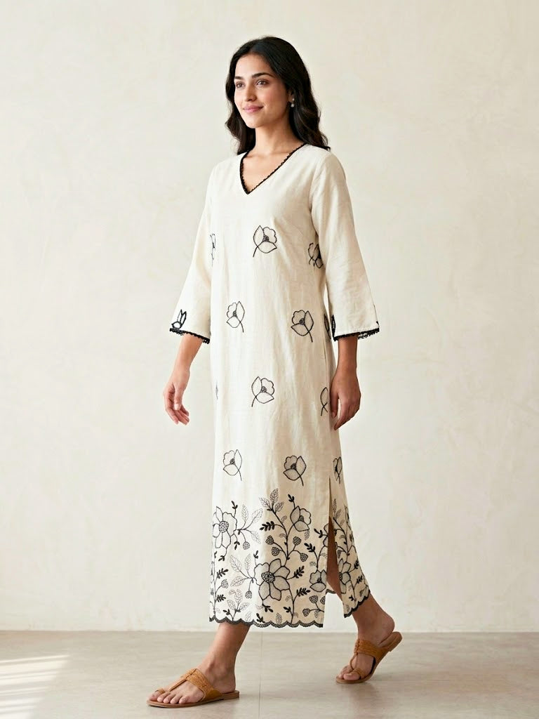 Off-white and black kurta dress with floral embroidered motifs by Karchobi, featuring intricate applique embroidery and a long, elegant design.
